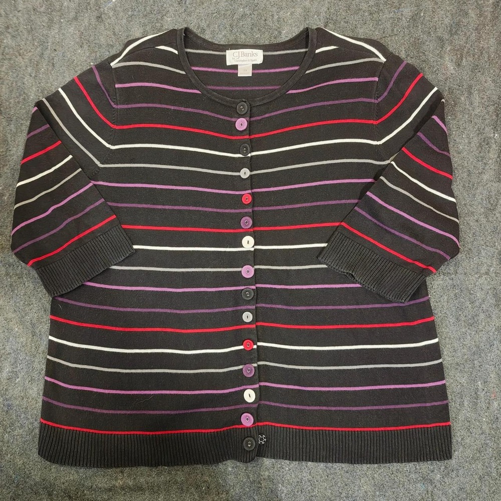 CJ Banks Womens 1X Cardigan Sweater Black Multi Color Striped 3/4 Sleeve Cotton